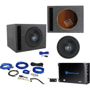 Rockville K5 W10K5S2 10" 1200w Subwoofer+Vented Sub Box+Mono Amplifier+Amp Kit