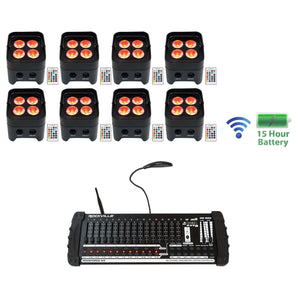 (8) Rockville BEST PAR 50 Battery Wash Lights Wireless DMX+384 Ch. Controller