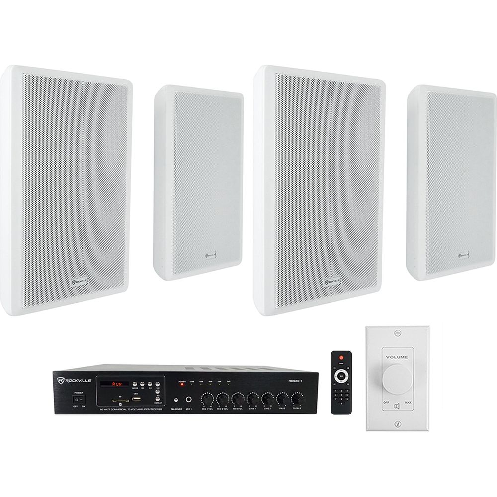 RCS80-1 60W Amplifier + RockSlim 70W White Speakers 4-Pack + VOL70100 White Bundle