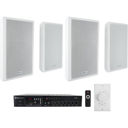 RCS80-1 60W Amplifier + RockSlim 70W White Speakers 4-Pack + VOL70100 White Bundle