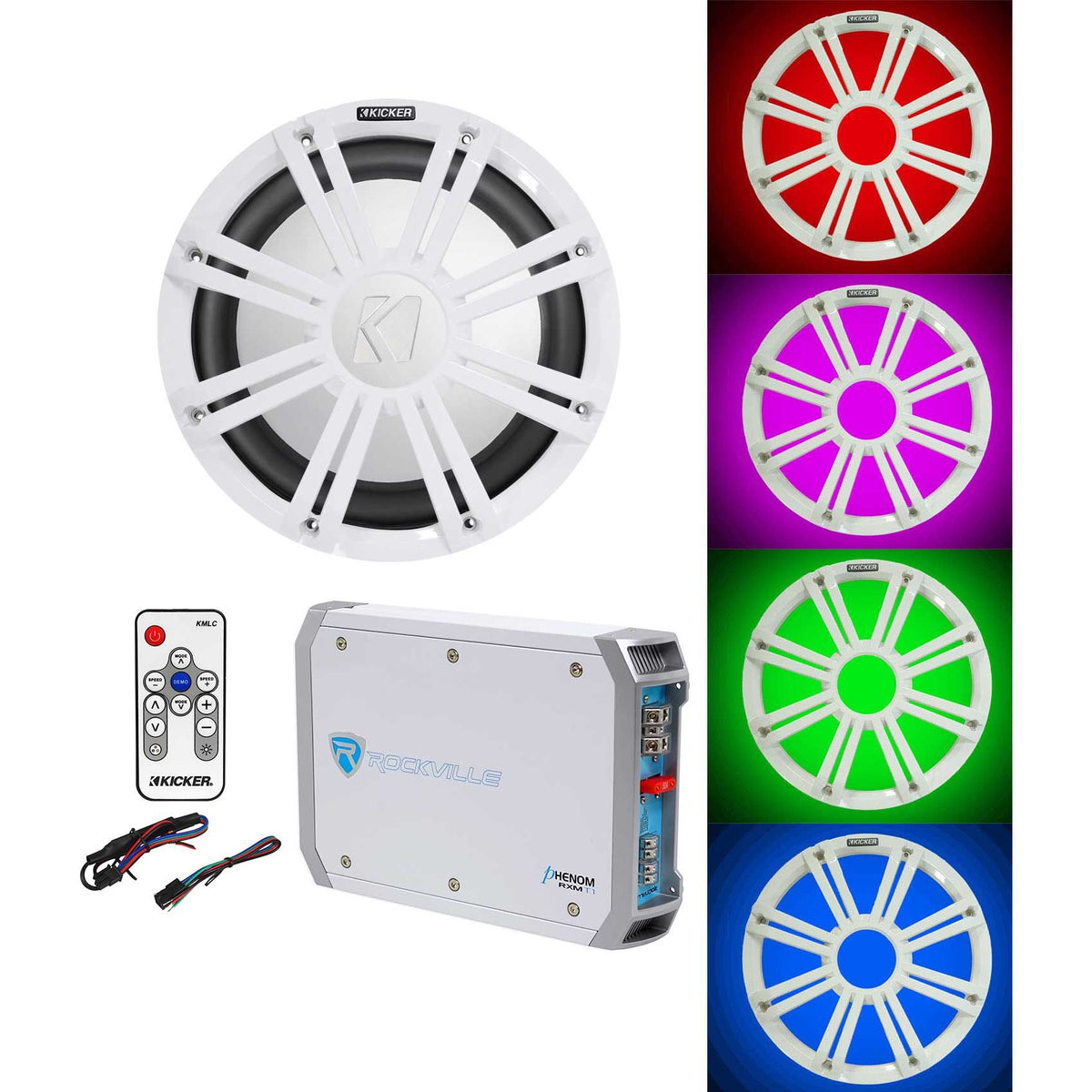 45KM104 10" Marine Subwoofer, Amplifier, White LED Grille & Remote Pack