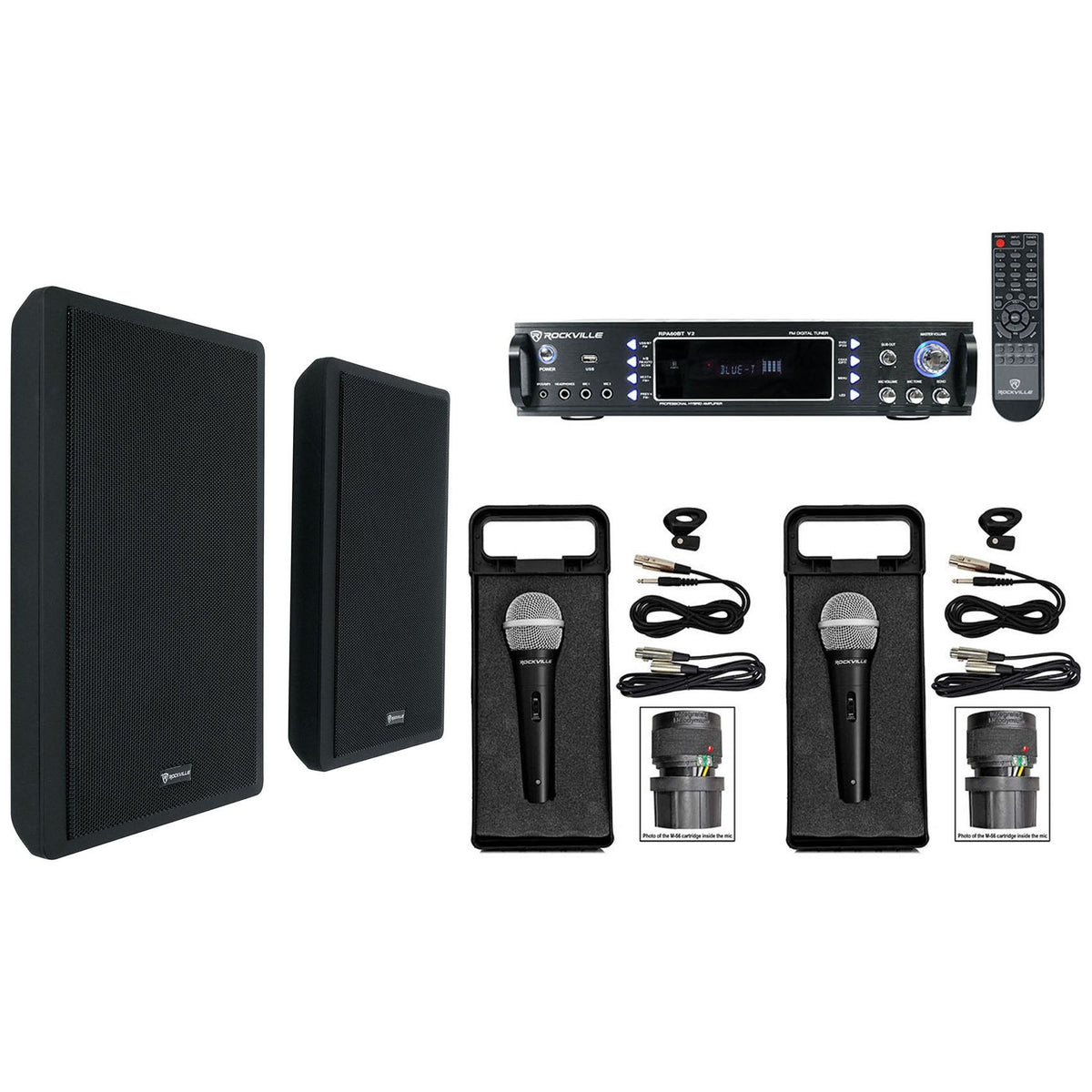 RPA60BT Bluetooth Karaoke Receiver+Slim Black Wall Speakers+(2) Wired Mics
