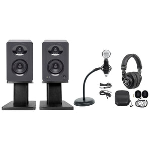 SAMSON Monitors+Gooseneck Stands+Microphone+Headphones For Podcast Podcasting