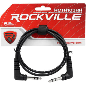 Rockville RCTR103RR-B 3' Black 1/4" TRS Right Angle to Same Cable 100% Copper