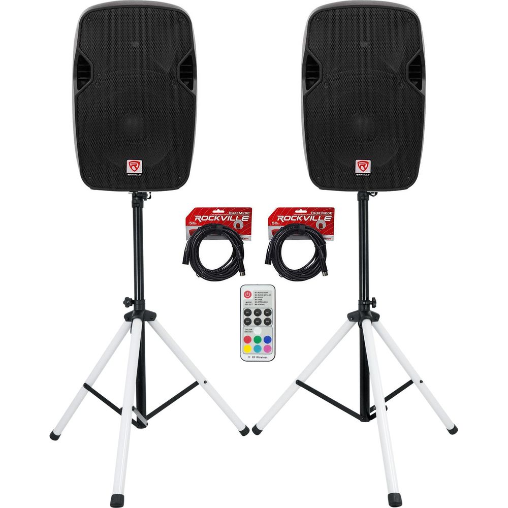 (2) SPGN124 12" Passive 1200W DJ PA Speakers+Stands w/LEDs+Remote+Cables