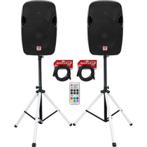 (2) SPGN124 12" Passive 1200W DJ PA Speakers+Stands w/LEDs+Remote+Cables