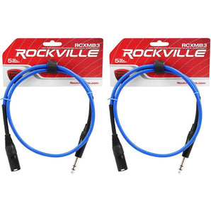 2 Rockville RCXMB3-BL Blue 3' Male REAN XLR to 1/4'' TRS Balanced Cables