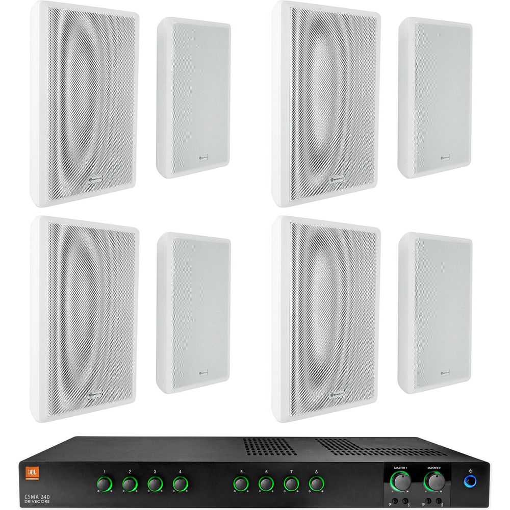 CSMA240 2x40W Amplifier + (8) White 5.25" Slim Wall Speakers