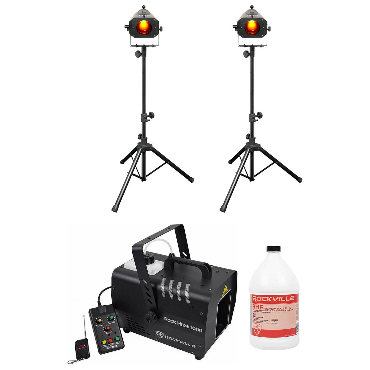 (2) LED Followspot 75ST Lights + ROCKHAZE 1000 Hazer + Fluid Bundle