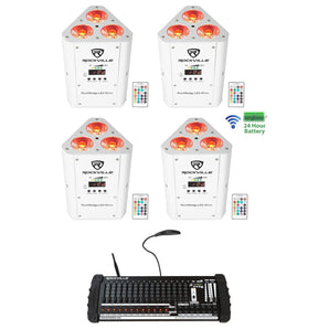 (4) Rockville RockWedge White LED Battery Lights+384 Ch. Wireless DMX Controller