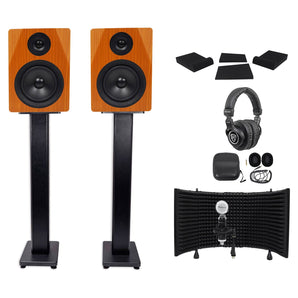 2 Rockville DPM5C 5.25" 300w Active Studio Monitors+Stands+Headphones+Mic and Shield