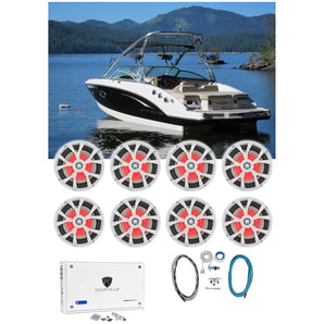 (8) Rockville RKL80MB 8" White Marine Boat LED Speakers+8-Ch. Amplifier+Amp Kit