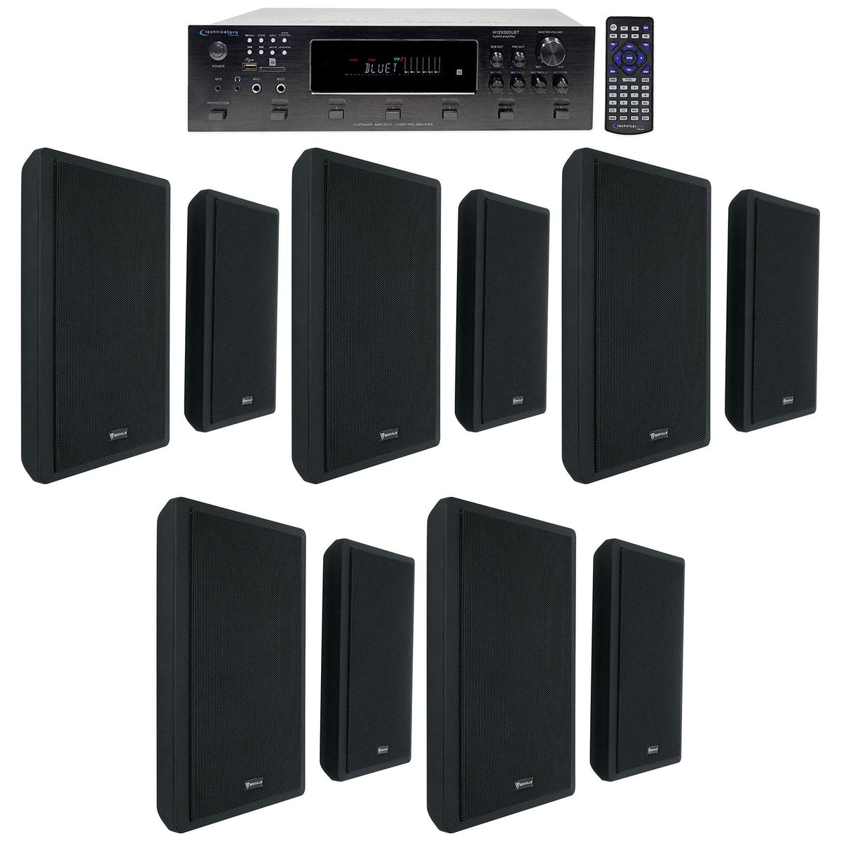 H12X500UBT 6-Zone Receiver & 5x RockSlim Black 5.25" Speaker Bundle