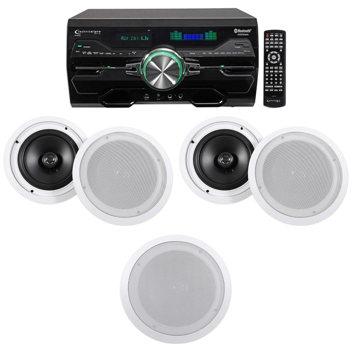 4000W Bluetooth DVD Receiver with (6) 8" White Ceiling Speakers