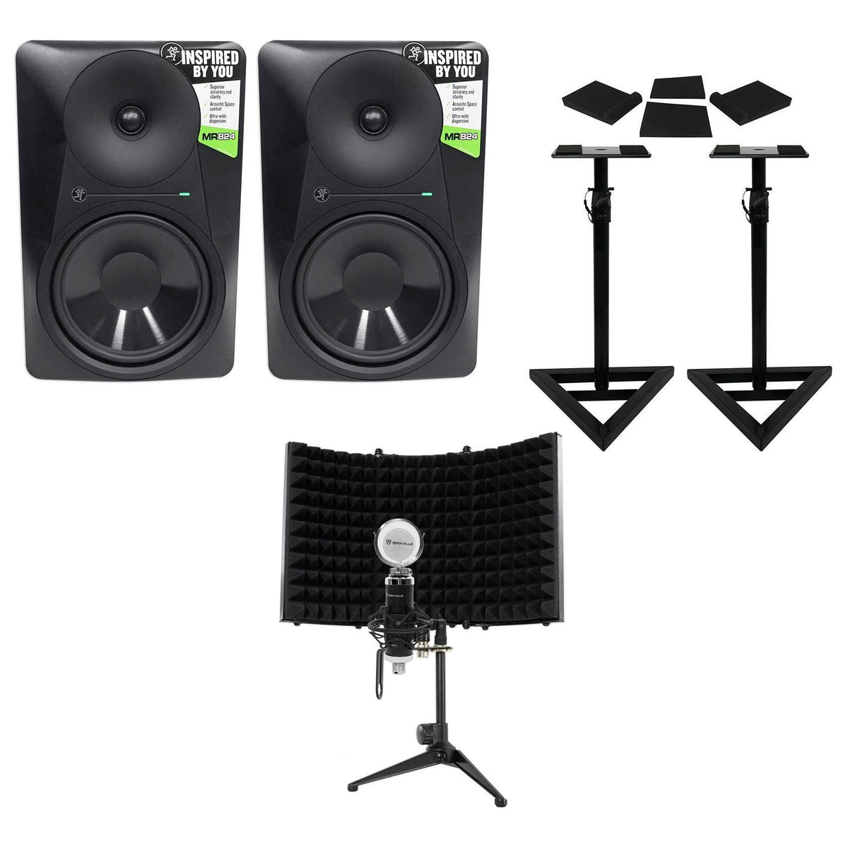 (2) MR824 8in Monitor Bundle with Mic, Adjustable Stands & Compact Shield