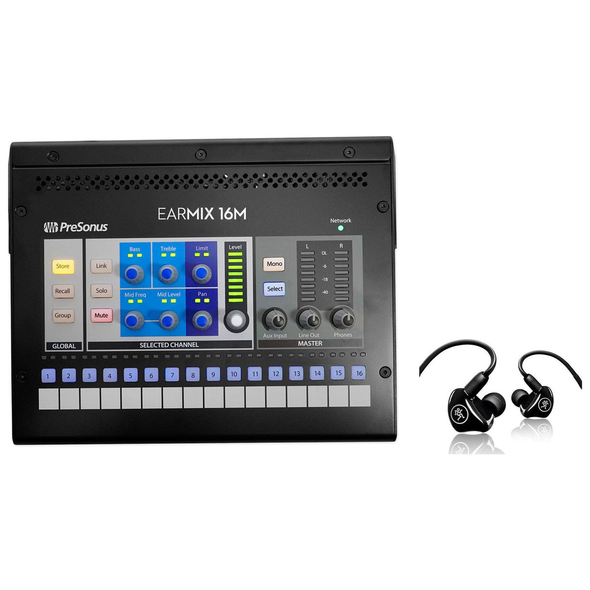 EarMix 16M AVB Monitor Mixer + Mackie MP-240 In-Ear Monitors