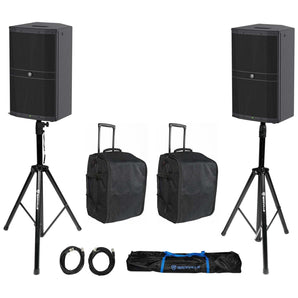 (2) Mackie DRM212 12" 1600w Powered DJ PA Speakers+Rolling Bags+Stands+Cables