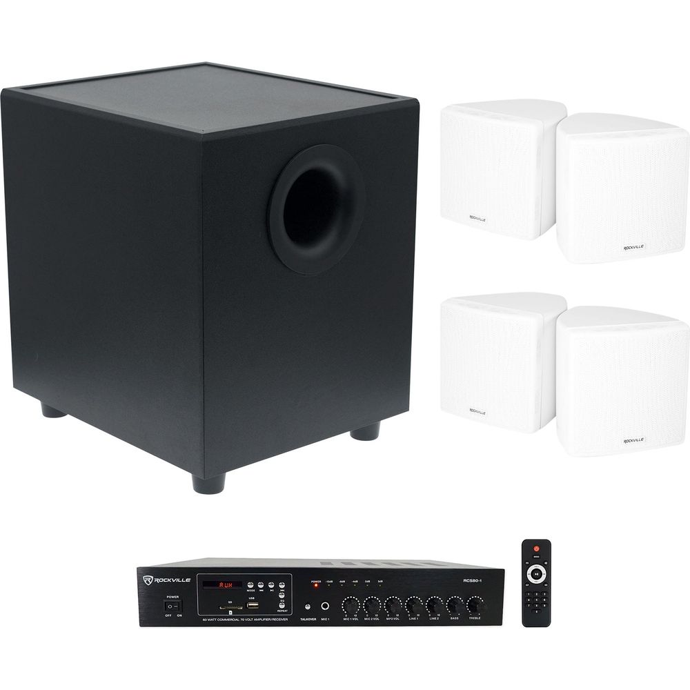 Commercial Amplifier + (4) White Cube Speakers + Subwoofer