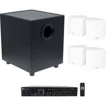 Commercial Amplifier + (4) White Cube Speakers + Subwoofer