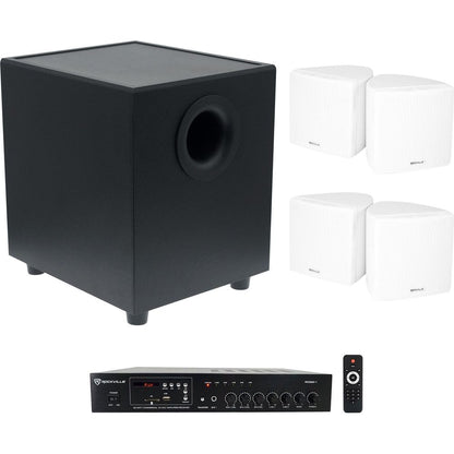 Commercial Amplifier + (4) White Cube Speakers + Subwoofer