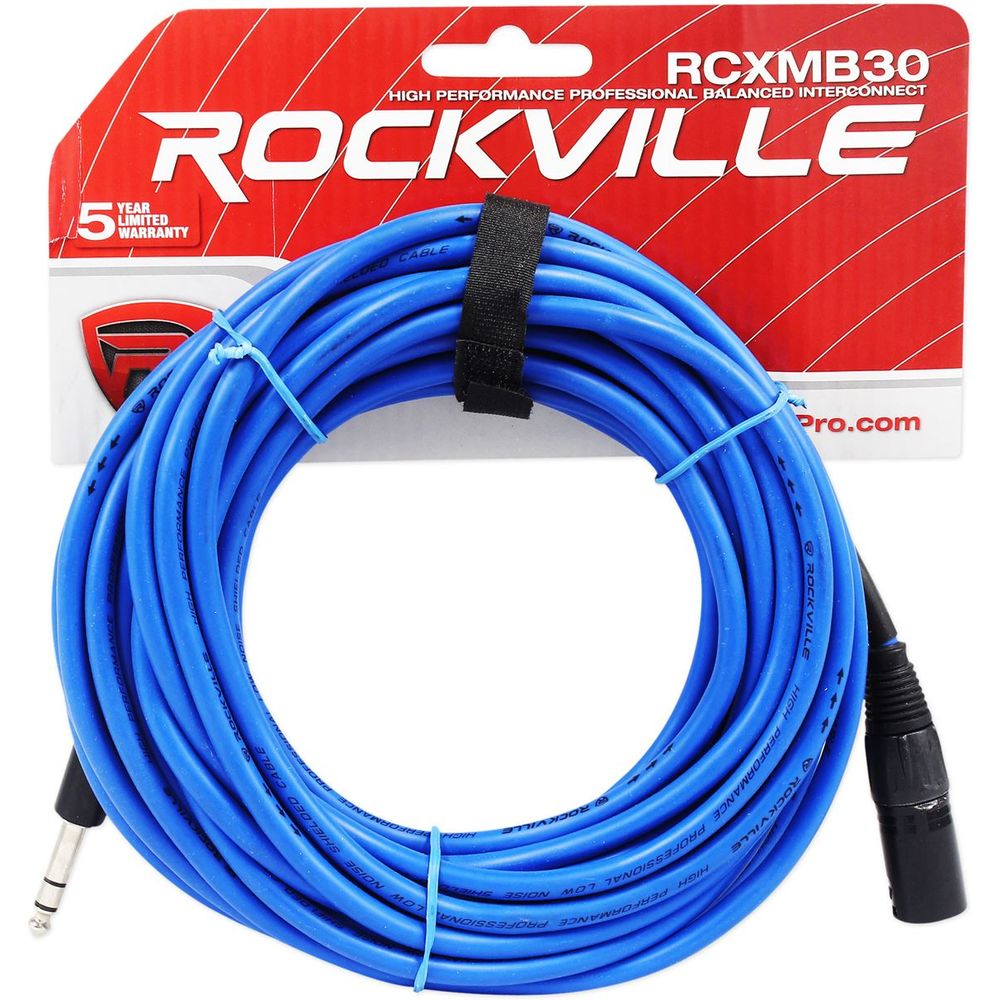 2 30' Male XLR to 1/4" TRS Cables 100% Copper (Blue and Red)