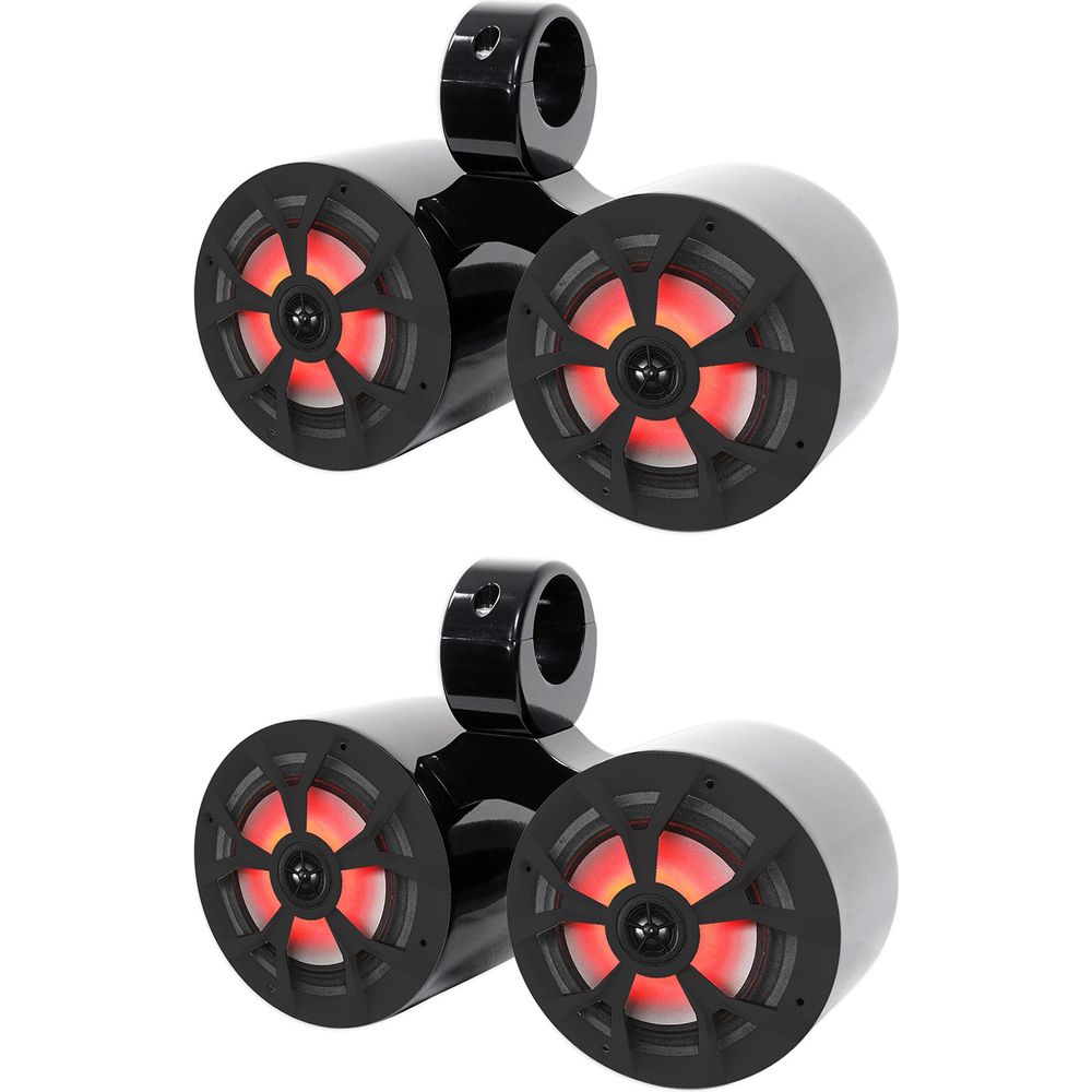 (4) RKL65MBW 6.5" Marine Wakeboard LED Speakers+(2) Dual Black Enclosures
