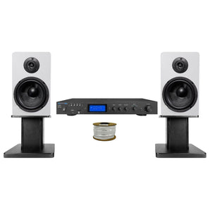 Technical Pro IA25U Receiver+(2) 6.5" White Bookshelf Speakers+8" Speaker Stands
