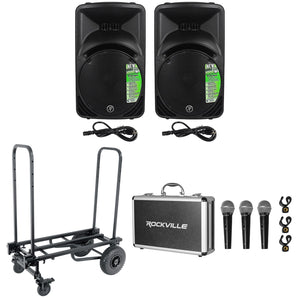 2) Mackie SRM450V3 SRM450-V3 1000w 12" Powered Speakers+Transport Cart+3) Mics