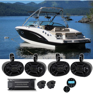 (4) Polk Audio 6x9" Marine Boat Wakeboard Tower Speakers+Alpine Amp+Receiver