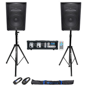 (2) JBL JRX215 1000 Watt 15" DJ PA Speakers+Powered 4-Ch. Mixer+Stands+Cables