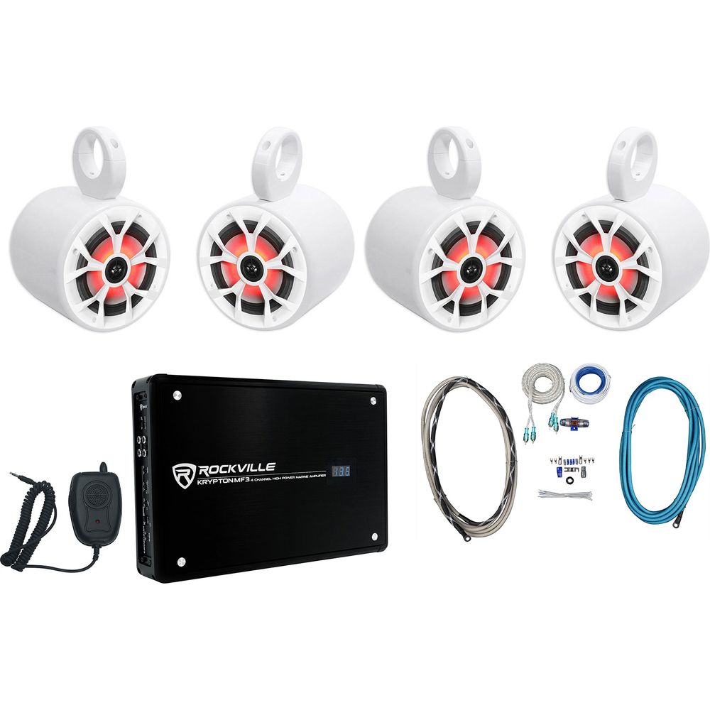 (4) RKL65MBW 6.5" Marine Wakeboard LED Speakers+White Pods+Amplifier
