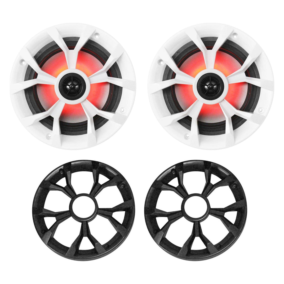 (4) RKL65MBW 6.5" Marine Wakeboard LED Speakers+White Pods+Amp+Receiver