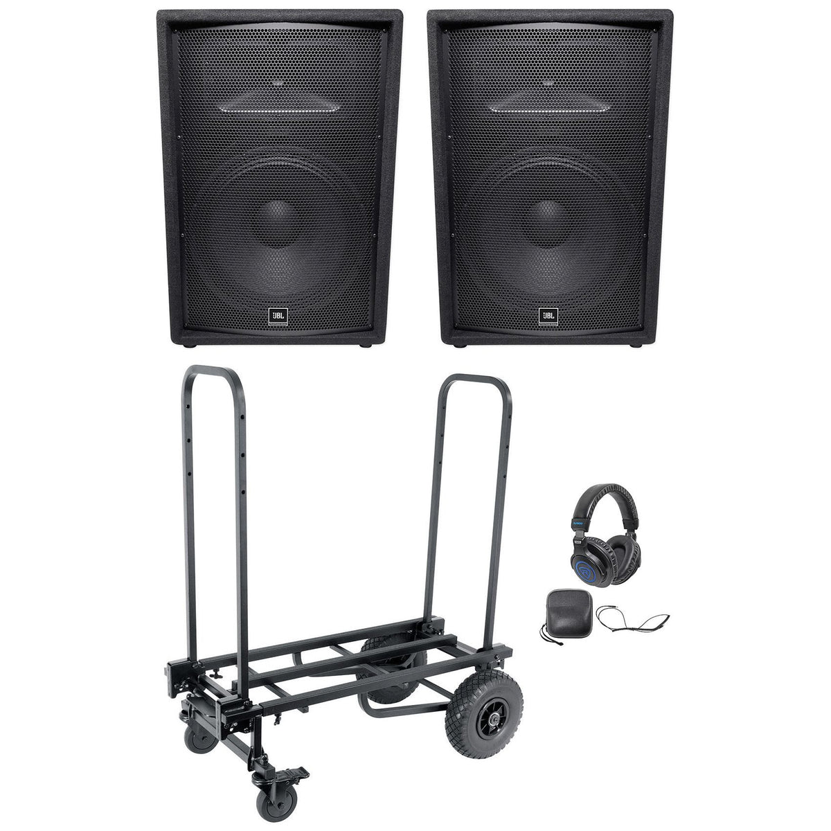 JRX215 PA Speakers with Transport Cart and DJ Headphones