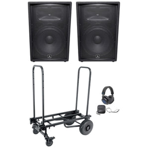 (2) JBL Pro JRX215 1000w 15" Passive DJ PA Speakers+Transport Cart+Headphones