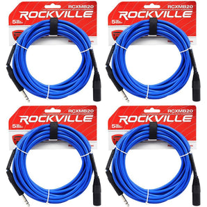 4 Rockville RCXMB20-BL Blue 20' Male REAN XLR to 1/4'' TRS Balanced Cables