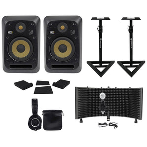 (2) KRK V6S4-NA 6" Powered Studio Monitors+Stands+Pads+Headphones+Mic+Shield