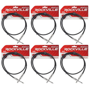 6 Rockville RCGT3.0B 3'  1/4" TS to 1/4'' TS Guitar Pedal Board/Instrument Cable