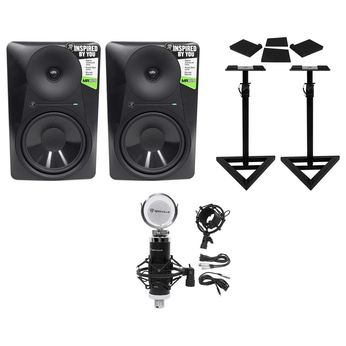 (2) MR824 8in Powered Studio Monitor Bundle with Adjustable Stands, Pads & Mic