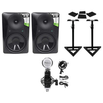 (2) MR824 8in Powered Studio Monitor Bundle with Adjustable Stands, Pads & Mic