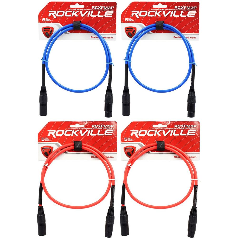 4 3' Female to Male REAN XLR Mic Cable (2 Red and 2 Blue)
