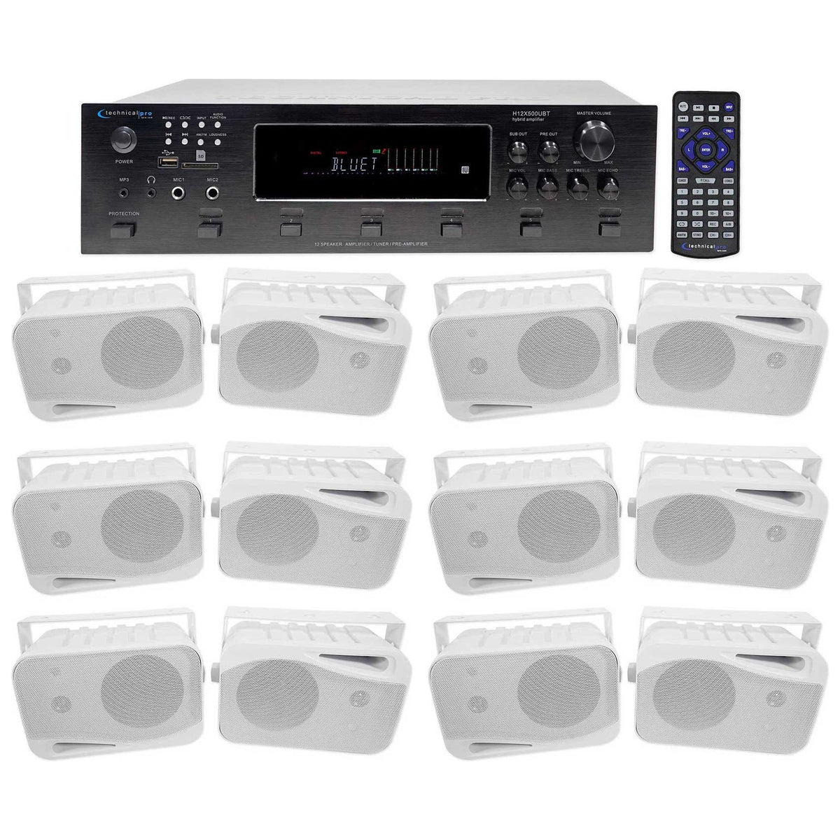 H12X500UBT 6-Zone Receiver + (12) White 4 In Outdoor/Indoor Speakers