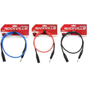 3 Rockville 3' Male REAN XLR to 1/4'' TRS Balanced Cable OFC (3 Colors)