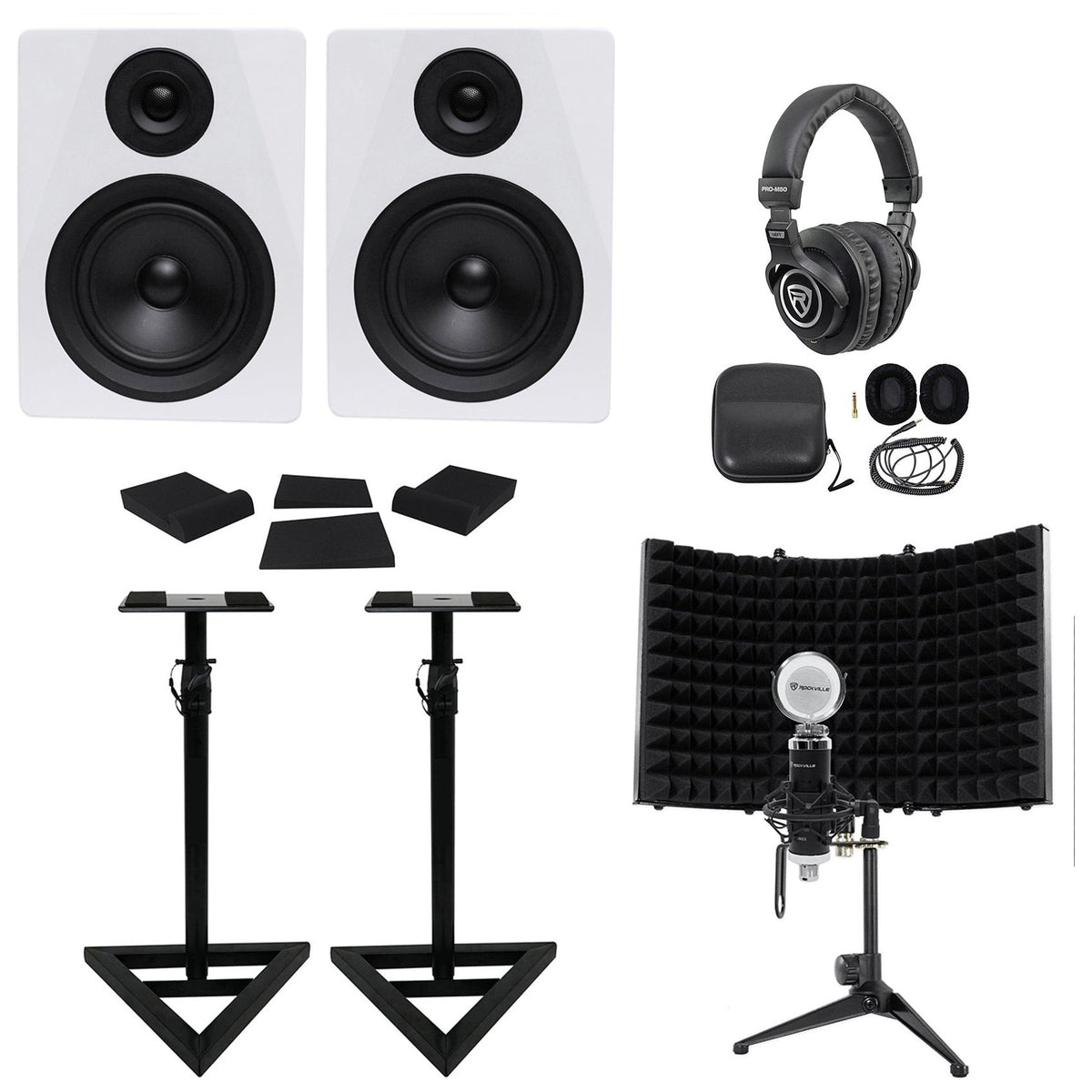 (2) DPM5W 5.25" 300W Studio Monitors + Stands + Headphones + Mic + Shield