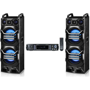 (2) Technical Pro Dual 10" 3000w Speakers w/LED's+Rockville Receiver Amplifier