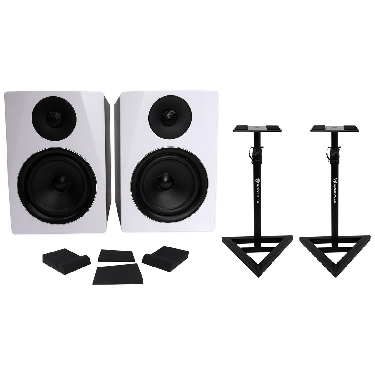 APM6W White Speakers + RVSM1 Stands + RRS190S Pads Bundle