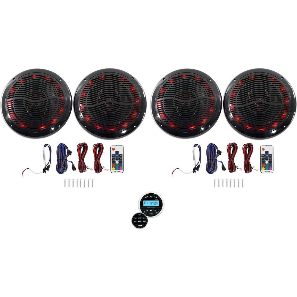 RGHR2 Hot Tub Bluetooth Receiver + (4) RMC65LB 6.5" Black LED Marine Speakers