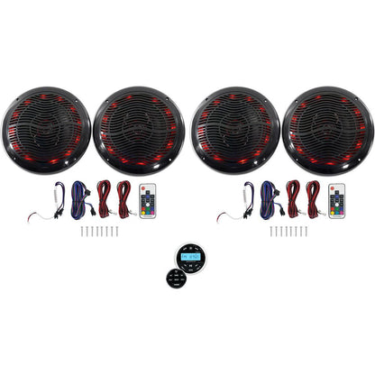 RGHR2 Hot Tub Bluetooth Receiver + (4) RMC65LB 6.5" Black LED Marine Speakers