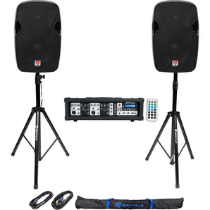(2) Rockville SPGN124 12" 1200W DJ PA Speakers+Powered 4-Ch. Mixer+Stands+Cables