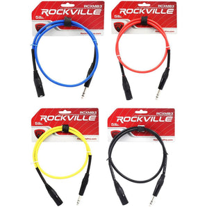 4 Rockville 3' Male REAN XLR to 1/4'' TRS Balanced Cable OFC (4 Colors)