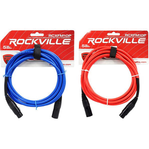 2 Rockville 10' Female to Male REAN XLR Mic Cable 100% Copper (Red and Blue)